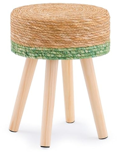 LGENHOOM Handwoven Outdoor Ottoman, Water Hyacinth Pouf Round Patio Footstool with Wood Legs, 17-Inch Multipurpose Vanity Stool, Dining Chair, Patio Footrest for Balcony and Garden, Green
