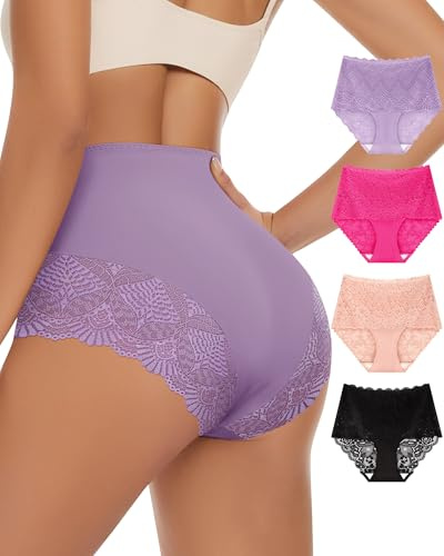 MIOTAN Lot de 4 sans Couture Culotte Taille Haute en Dentelle Invisible pour Femme Sexy Slip, Multicolore, Large