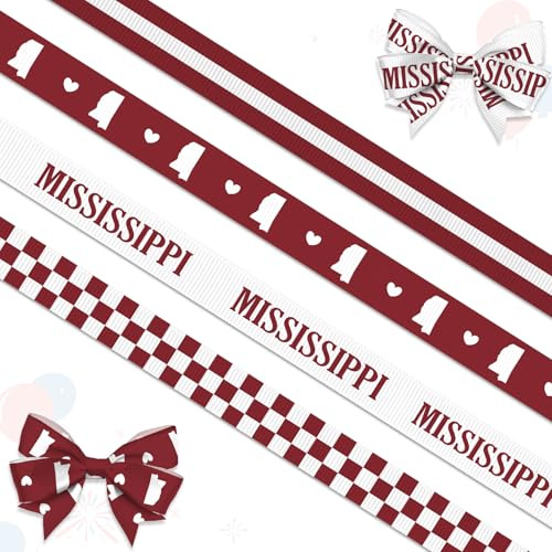 4 PCS Mississippi Ribbons for Crafting, 3/8 Width Red White Stripes Plaid Ribbons Mississippi Map Craft Ribbons for Gift Wrapping DIY Sports Birthday Decorations-10 Yards