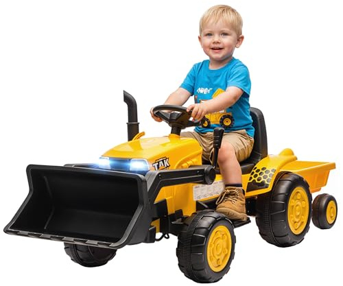 AIYAPLAY Tractor Eléctrico para Niños con Remolque Desmontable y Pala, Tractor de Juguete de Batería 12V, Motor Doble, Control Remoto 2,4G, Luces, Música, Conexión Inalámbrica, USB para Niños 3-8 Años