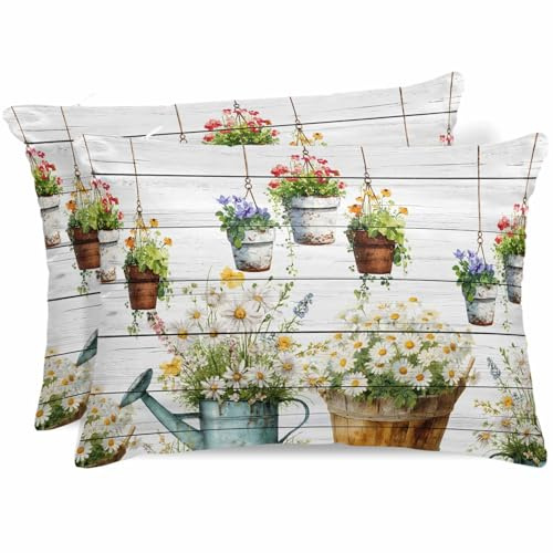 Spring Daisy Satin Pillowcase for Hair and Skin with Zipper, Soft Breathable Cooling Silk Pillow Cases, Country Botanical Floral Wooden Grain Throw Pillow Covers Standard Size 20x26 Set of 2
