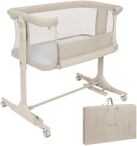 lionelo Pari Cuna 3 en 1 hasta 9 kg, Cuna de colecho, Cama Mecedora, Ajuste de Altura e inclinación del colchón, 4 Ruedas con Freno, Colchón Ergonómico, Malla Transpirable, Bolsa, Minicuna