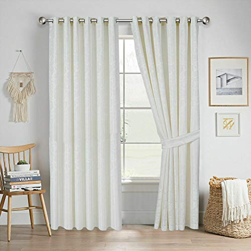 Quality Readymade Fully Lined Jacquard Curtain Ring Top Eyelet Curtain Pair With Tiebacks (White, 66 x 90 Inch)