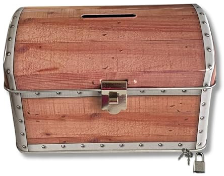 MediMuc Spardose - Piratentruhe - Rechteckige Scharnierdeckeldose mit Sparschlitz aus elektrolytischem Weißblech mit Schloss - (LxBxH) 12,8 x 8,0x 8,0cm