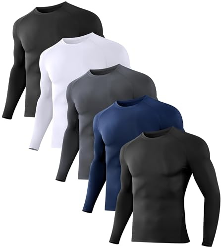 Dalavch 5 Pack Men's Compression Shirts Long Sleeve Athletic Workout Sports Undershirt Base Layer Top for Winter 2 Black 1 White 1 Gray 1 Blue Medium