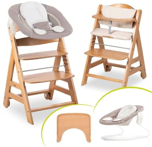 hauck Hochstuhl Beta+ Newborn Set - Babyhochstuhl Set ab Geburt mit 2in1 Neugeborenen Aufsatz Bouncer, Sitzpolster und Essbrett - Natural