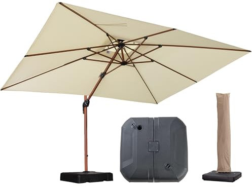 PURPLE LEAF Parasol Déporté 2,7 x 3,65 m Rectangulaire avec pied, Aspect du Teck en Aluminium, Parasol de Jardin Extérieur à Toit Double Rotatif 360°, Pour Terrasses, Restaurants, Crème