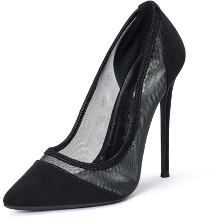 GENSHUO Bombas de tacón Alto con Punta Puntiaguda para Mujer Zapatos de Fiesta con tacón de Aguja Sexy 12 CM / 4.72IN, Malla Negra, 39 EU