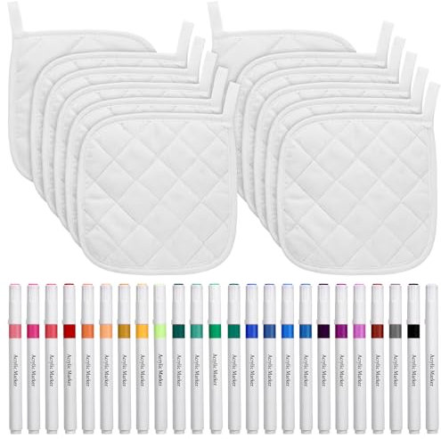 Newtay 36 Pcs Mother's Day Pot Holders Craft Project Set Including 12 White Pot Holders and Oven Mitts with 24 Makers for Kitchen Heat Resistant Cooking and Baking DIY Activities