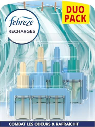 Febreze Recharges pour Diffuseur Électrique, Parfum Linge Frais, 2 recharges de 20ml, 3 Parfums en Alternance, Combat les Odeurs et Rafraîchit Jusqu'à 90 Jours