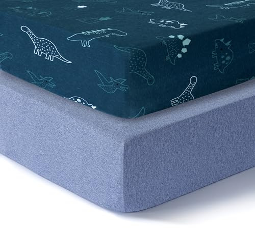 Dreamology Baby Cot Sheets,100% Cotton Jersey sheets, Soft and Breathable | fitted cot sheets, Girls, Boys,cot Sheet 120x60 fitted, Crib sheet, Baby Mattress Sheet | Dino, Denim Blue