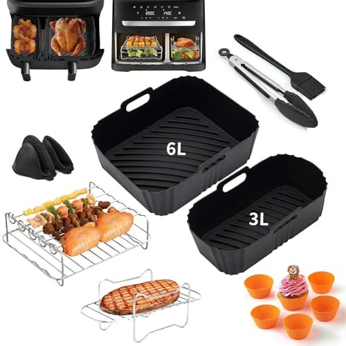 Hot Air Fryer Accessories for Philips Airfryer Dual Basket 3000 Series 6L/3L, Air Fryer Silicone Mould Accessories for Philips Steam Airfryer 5000 Series Dual Basket, Cooking Grate, Silicone Oil Brush