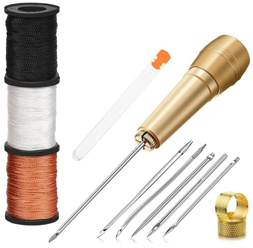 Kit Ago da Cucito in Pelle + Filo Cerato per Cuoio + Multicolore + Set Strumenti Cucito Completo + Portatile + Facile da Usare + Include Ago Grande Occhio e Ditale