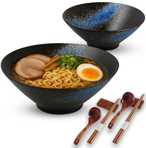 Annie's Cocina Porcelain Ramen Bowl Set of 2-1000ml 34-Oz with Wooden Chopsticks, Spoons & Rests-Japanese Large Ramen Bowl for Soup Salad Pho Cereal Pasta-Microwave & Dishwasher Safe-Gift Collection