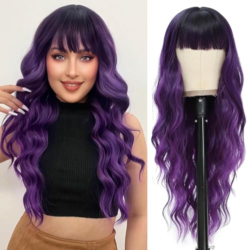 Perruque de cheveux synthétiques longs, ondulés et bouclés avec frange pour femme - Cheveux synthétiques naturels résistants à la chaleur - Pour le quotidien ou une fête - Violet avec racines foncées