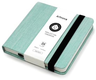 Sketchbook de viaje 12×12 cm – Libreta artística 300 gsm Hot Press con cubierta algodón 100% – Cuaderno de bocetos para acuarela, tinta, lápiz, óleo y acrílico portátil (verde)
