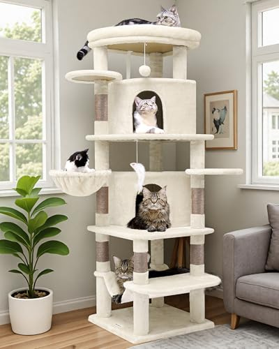 Globlazer klösträd, beige, stort, hörnklösträd, stabilt högt, 167 cm med 2 sektorer katthus, vadderad plattform, plyschhängmatta, mjuk korg, klösträd för 3–4 vuxna katter inomhus (C66, beige)