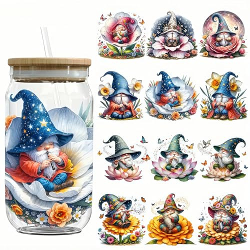 12pcs Gnome Floral Flower Leaf Buterfly UV DTF Cup Wraps Transfer Waterproof Sticker for Glass Cups Furniture Craft DIY Crafts,Rub on Transfer Stickers for DIY Water Bottle Laptop Decal Wood Car
