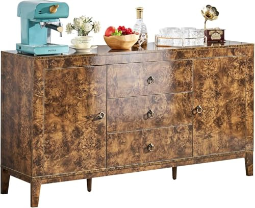 AMERLIFE 60 Large High Gloss Burl Buffet Sideboard Cabinet, Wood Sideboard Storage Cabinet with Drawers, Retro Handles, Heavy Duty Coffee Wine Bar Buffet Table for Dining Room, Living Room, Brown