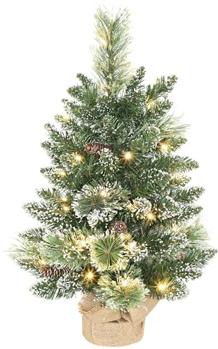 HOMCOM Árbol de Navidad con 35 Luces LED, 60 cm, Mini Árbol de Navidad Artificial con 64 Ramas Densas con Nieve, Piñas, Bayas y Base de Arpillera, Decoración Navideña de Mesa para Casa, Oficina, Verde