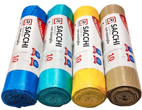 R MOVE 40 sacchi spazzatura 70x110 +10cm di maniglie, 4 rotoli di sacchetti grandi, buste immondizia da 110 litri condominiali, 4 colori adatti a tutti i tipi di rifiuti, facili da chiudere