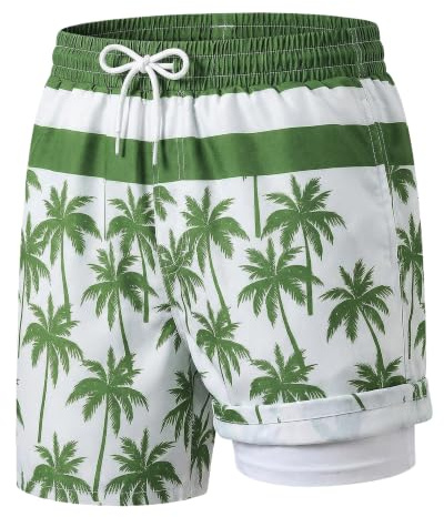 Hoseay Costume da Bagno Bambini, Asciugatura Rapida 2 in 1 Pantaloncini Corti con Compressione e Tasche, Coulisse Regolabile Vita Elastica Shorts da Surf Piscina per Ragazzi 9-10 Anni, Verde