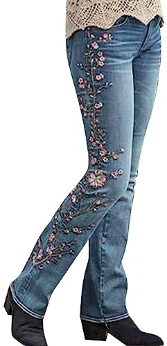 Jeans elasticizzate da donna con fiori, jeans a vita alta in jacquard, denim con ricamo vintage, pantaloni da tempo libero eleganti, a tubino, con tasche, slim fit, boyfriend, pantaloni da tempo