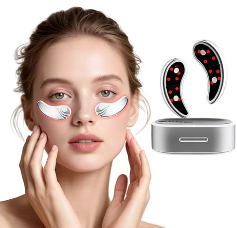 TECKZOON Masajeador de ojos portátil con luz roja, parches recargables para debajo de los ojos contra ojeras, hinchazón, arrugas y estiramiento de la piel