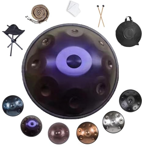 Handpan 22 Pulgadas 9/10/12 Notas para Principiantes, 432/440Hz Tambor de Lengua de Acero Estilo Handpan, Kit con Mochila de Transporte, Trípode y Paño de Limpieza(Deep Purple,432HZ/9Note)