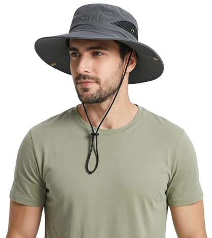 Wide Brim Sun Hats for Men, UV Outdoor Packable Bucket Hats Men Boonie Hat, Mens Sun Hat for Side Press Studs Air Vents, Safari Hat for Men Fishing Hiking Beach, Birthday Mens Gifts Dark Gray