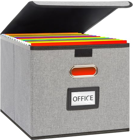 FERNVALE Portable File Boxes with Lid, Leather Fabric Hanging File Storage Box, Foldable Document Storage Box for A4 Files, Office File Sorter & Storage Organizer with Handle (Linen Light Grey)