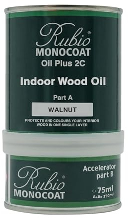 Rubio Monocoat Oil Plus 2C Wood Finish, 14 m² - Walnut | Quick-Dry, Eco-Friendly Linseed Formula for Indoor Surfaces | Includes Accelerator (Part B) | Protector | 350 ML