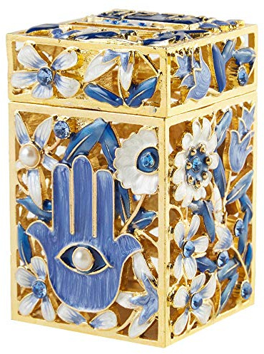 Matashi Hand Painted Enamel Tzedakah Charity - Treasure Box Keepsake with Crystals and Hamsa Protects Against Evil Eye Motif Design with Gold Accents, Judaica Home Decor Piggy Bank Gift for Holiday