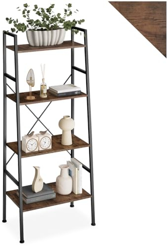 TecTake® 4-Tier Ladder Shelf with Industrial-Style Steel Frame & Wood-Look Shelves, Modern Shelves Unit with Height-Adjustable Feet, Storage Unit for Living Room, Bedroom, Home Office - Dark Wood