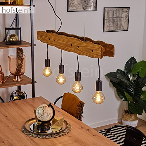 HOFSTEIN Pendelleuchte Flande, Hängelampe aus Metall/Holz in Schwarz/Natur im Vintage Design, Hängeleuchte mit Holzbalken, Höhe max. 135 cm (verstellbar), 4-flammig, 4 x E27