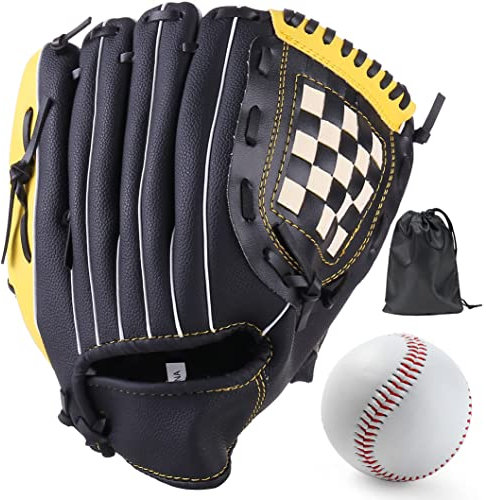 LeapBeast Baseball Handschuhe, Softball Handschuhe mit 1 Ball, Baseball Training Wettbewerb Handschuh Verdicken Dauerhaft Softballhandschuhe für Kinder Erwachsene (Schwarz-Gelb, 11,5 Zoll)