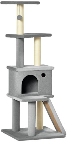 PawHut Arbre à Chat griffoir grattoir Tour de Jeu avec Niche Plate-Formes Balle Suspendue Hauteur 125 cm Gris