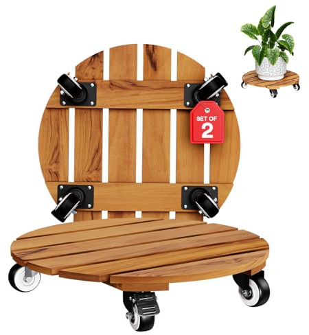 Idzo 2pack Wood Plant Caddy With Wheels Heavy Duty, 264 Lbs Capacity, 12 Inch Acacia Hardwood Plant Dolly, Plant Stand with 360° Lockable Wheels, Plant Caster for Heavy Objects Hauling - Natural Wood