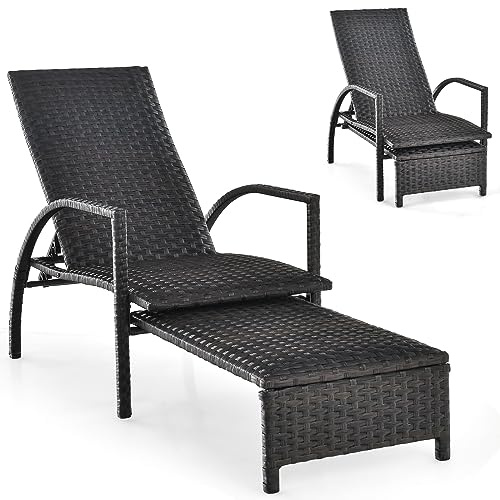 COSTWAY Rattan Sun Lounger, 5/6-Level Adjustable Garden Chaise Lounge Chair Sunbed with Retractable Footrest, Outdoor Wicker Recliner Chair for Patio Balcony Poolside (Mixed Dark Brown, Cotton+Rattan)