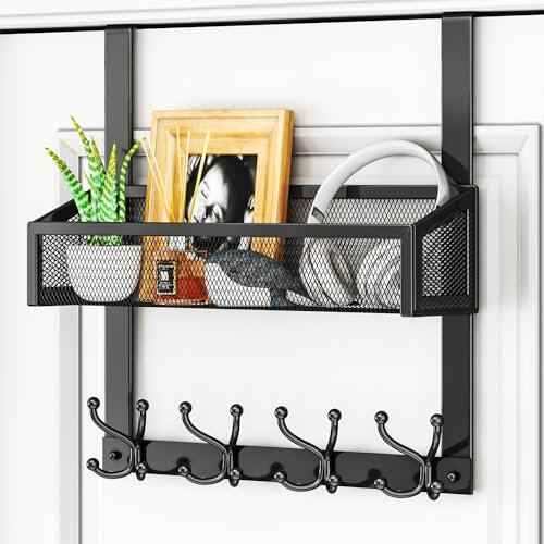 HapiRm Over Door Hanger Hooks - Over Door Hook Easy Install, Stainless Steel Coat Hangers with 16 Hooks, Mesh Basket Coat Rack Storage for Clothes, Keys, Towels, Hats, Bags, in Bathroom, Kitchen