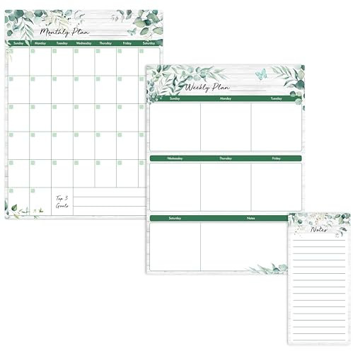 Magnetischer Dry-Erase-Kalender, 3-teiliges Set Grüner Monats- und Wochenplaner, Notizen, Ziele, Einkaufsliste und To-Do-Liste, Planer-Organizer für die Familienküche, den Kühlschrank, das Büro