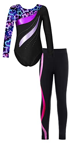 iEFiEL Mädchen Turnanzug Glitzer Gymnastik Leotard Langarm Akrobatik Anzug Tanzkostüme Turnbody Jumpsuit mit Sport Leggings Sternenschwarz & Pink 134-140