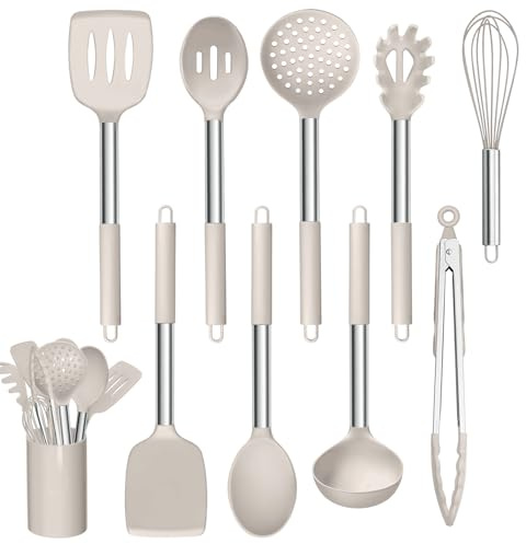 Homikit 10 stycken köksredskapsset, silikonköksredskap, köksbestick med handtag i rostfritt stål, non-stick köksredskap-set med redskapshållare – khaki