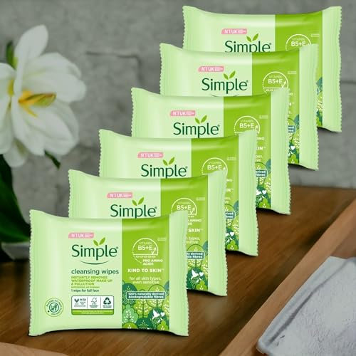 6 x 25 Wipes OF Simple Kind to Skin Bio-degradable Cleansing Wipes, Face Wipes to Remove Waterproof Eye Make-up for Sensitive Skin (Total 150 Wipes)