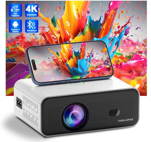 [App Intégrée] Mini Projecteur avec Android 11, VISULAPEX V12pro Blanc Videoprojecteur 4K Supporté, 12000L WiFi 6 Bluetooth 5.2 Retroprojecteur Portable Compatible avec iOS/Android/PC/PS5/TV Stick