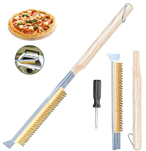 Spazzola per pizza e pizza con raschietto in acciaio inox, setole in ottone, manico in legno (occhiello per appendere), scopa per barbecue, scopa per pizza all'aperto, spazzola per barbecue in ottone