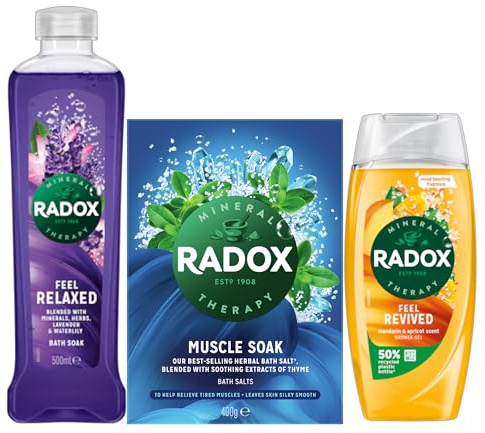 Radox Bath & Shower Gift Set – Feel Relaxed Bath Soak 500ml, Muscle Soak Salts 400g & Feel Revived Shower Gel 225ml | 3-Piece Self-Care Pamper Kit for Her or Him | Perfect Wellness Gift