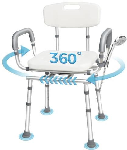 Silla de Ducha Giratoria 360° con Respaldo y Brazos Desmontables, Ajustable en Altura para Personas Mayores y Discapacitados, Antideslizante con Soporte para Ducha, Capacidad 204 kg