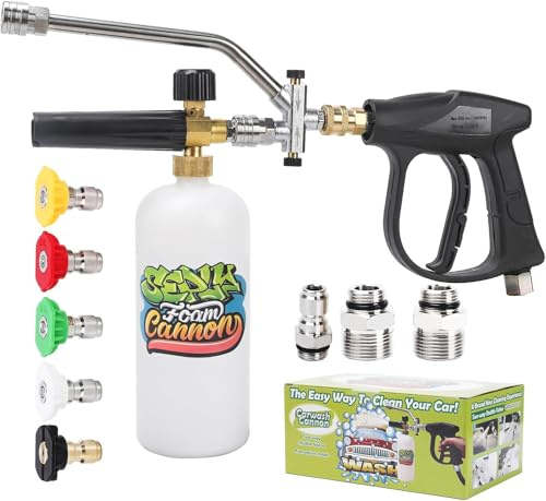 SEPLY Foam Cannon for Pressure Washer Gun Kit with Dual Connector Accessory, Car Wash Foam Gun with 5 Pressure Washer Nozzle Tips 3/8'' Swivel Quick Connector and M22-14mm and M22-15 mm Fitting