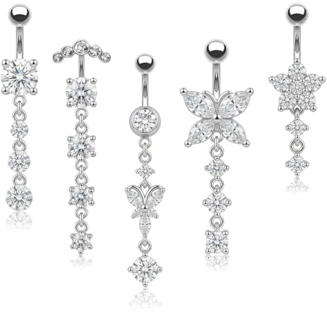 5 st navelpiercing silver, piercing navel rostfritt stål för fest | Navelpiercing 12 mm 10 mm stavlängd, navelpiercing, fjäril, blomhänge för kvinnor och män, för semester, daglig användning